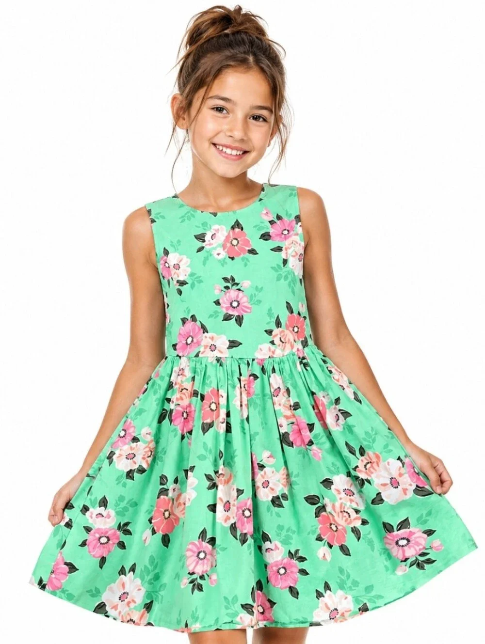 Carter's Girls Sleeveless Green Floral Fit-and-Flare Dress (Sz:7)